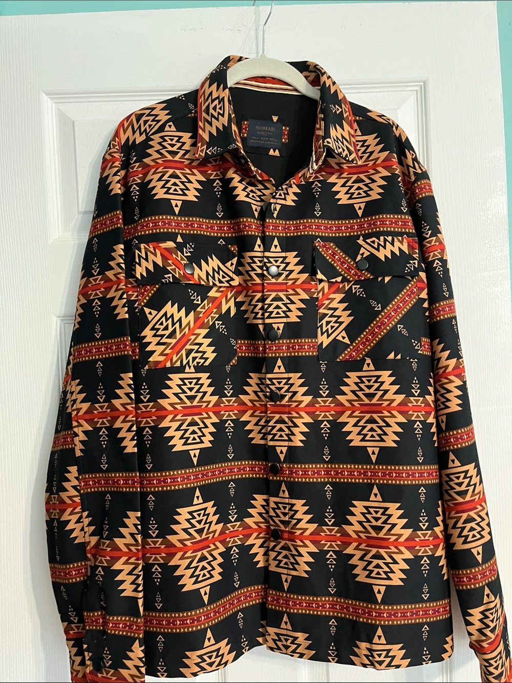 Nomad Black Shirt Jacket with Tan and Red Geometric Print